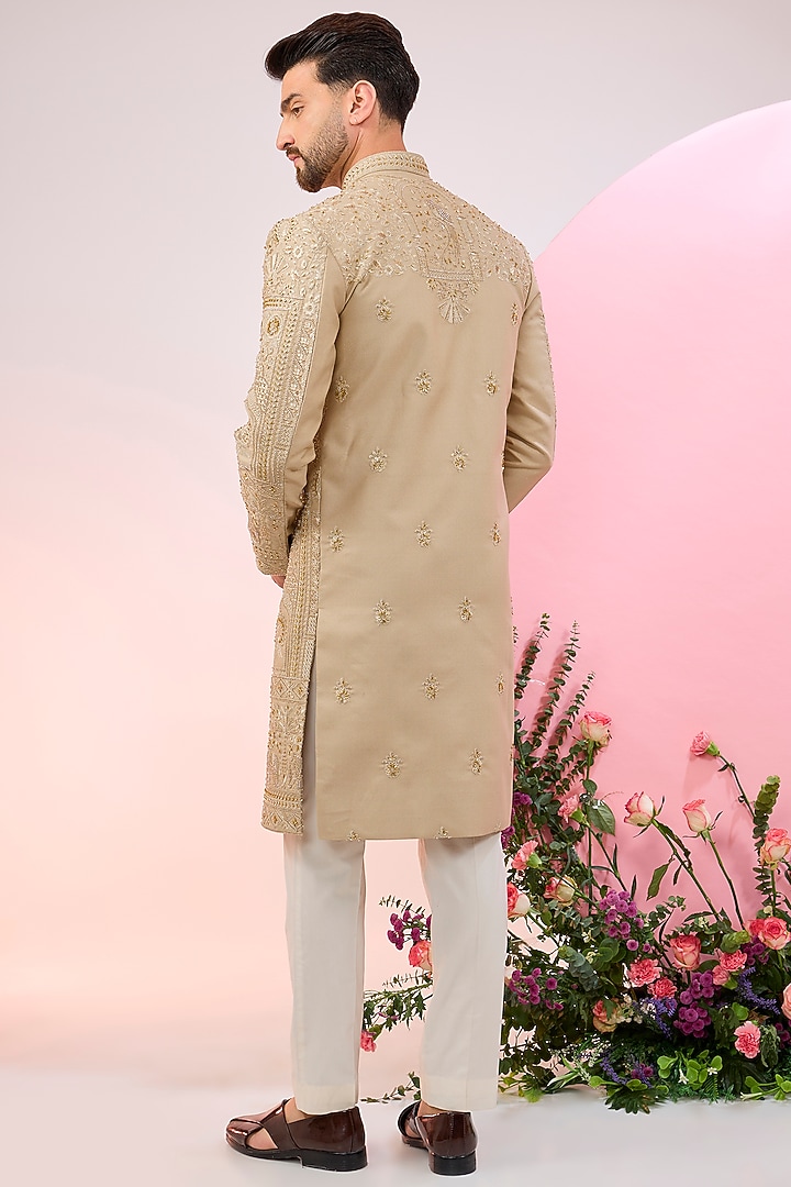 Beige Silk Hand Embroidered Wedding Sherwani by Kasbah Clothing at Pernia's Pop Up Shop