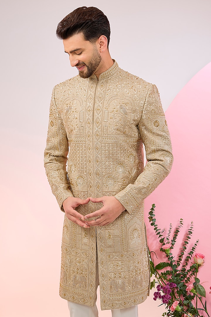 Beige Silk Hand Embroidered Wedding Sherwani by Kasbah Clothing at Pernia's Pop Up Shop