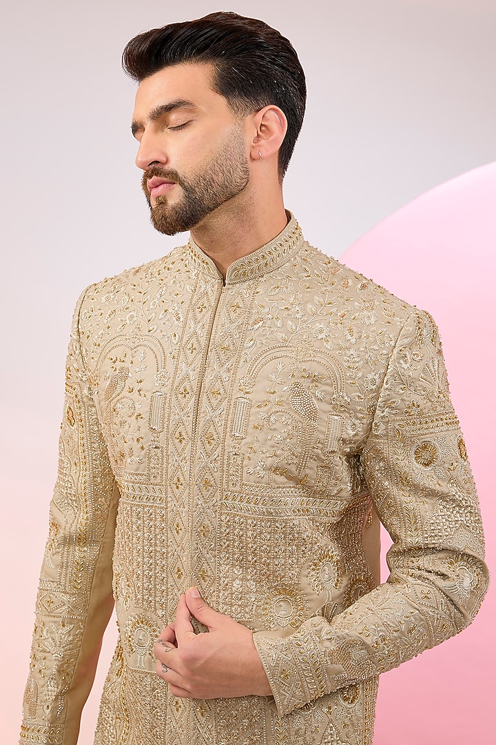 Beige Silk Hand Embroidered Wedding Sherwani by Kasbah Clothing at Pernia's Pop Up Shop