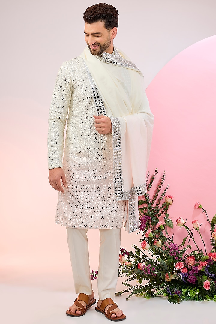 White Ombre Silk Mirror Work Kurta With Stole by Kasbah Clothing