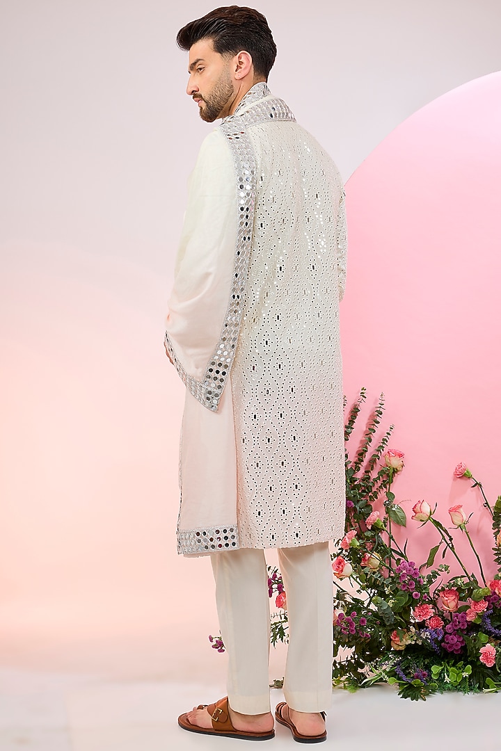 White Ombre Silk Mirror Work Kurta With Stole by Kasbah Clothing at Pernia's Pop Up Shop