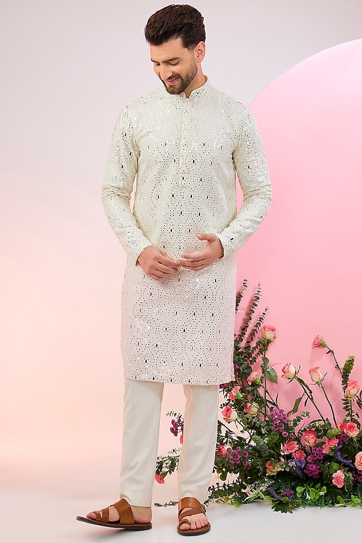 White Ombre Silk Mirror Work Kurta by Kasbah Clothing