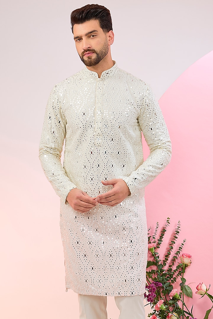 White Ombre Silk Mirror Work Kurta by Kasbah Clothing at Pernia's Pop Up Shop