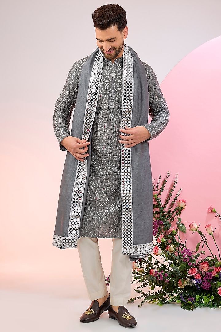 Slate Grey Silk Mirror Embellished Kurta With Stole by Kasbah Clothing