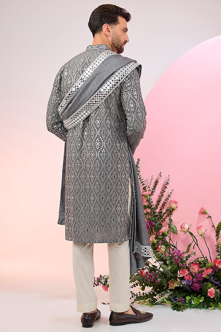 Slate Grey Silk Mirror Embellished Kurta With Stole by Kasbah Clothing at Pernia's Pop Up Shop
