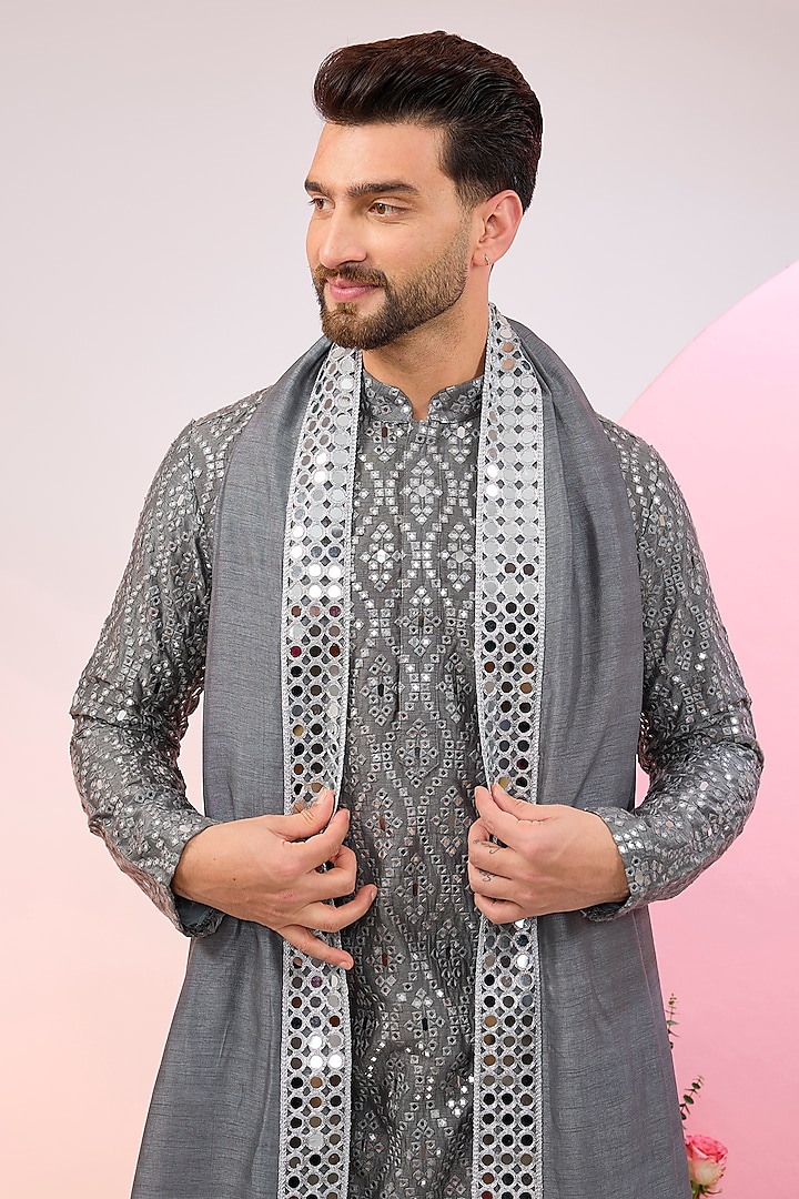 Slate Grey Silk Mirror Embellished Kurta With Stole by Kasbah Clothing at Pernia's Pop Up Shop