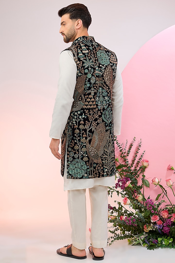 Black Velvet Flora & Fauna Embroidered Indowestern Jacket by Kasbah Clothing at Pernia's Pop Up Shop