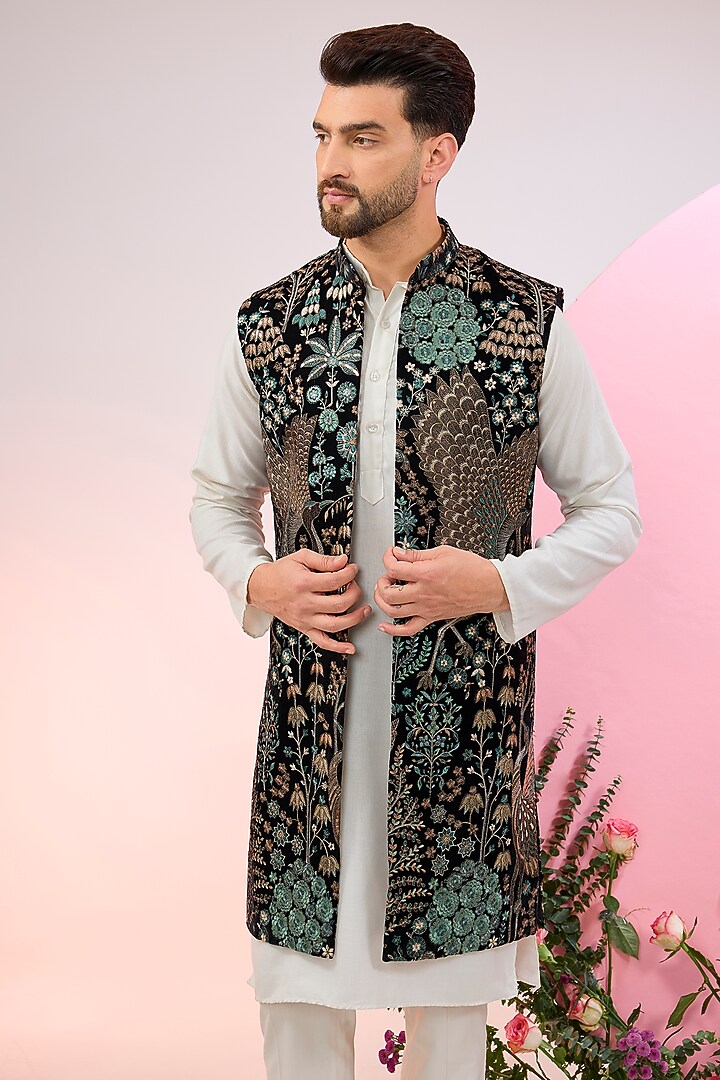Black Velvet Flora & Fauna Embroidered Indowestern Jacket by Kasbah Clothing at Pernia's Pop Up Shop