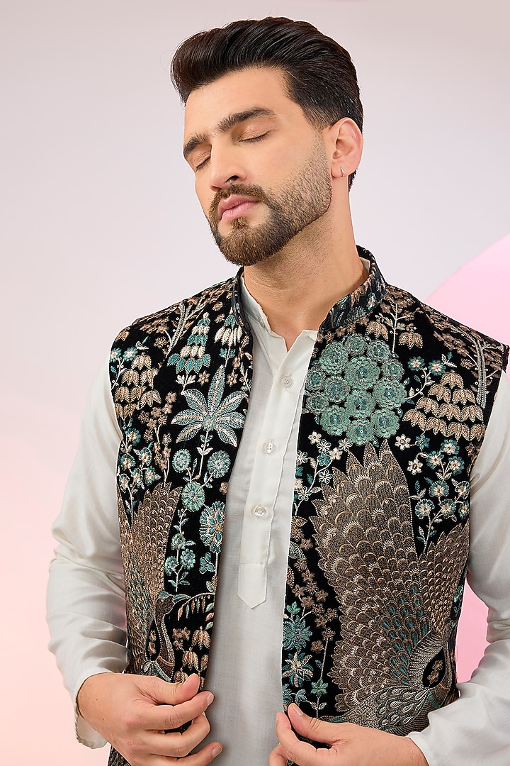 Black Velvet Flora & Fauna Embroidered Indowestern Jacket by Kasbah Clothing at Pernia's Pop Up Shop