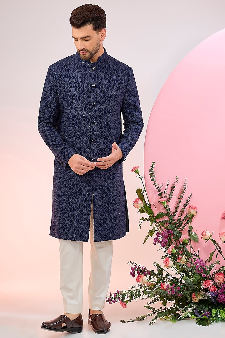 Navy Blue Silk Cutdana Embroidered Wedding Sherwani by Kasbah Clothing at Pernia's Pop Up Shop