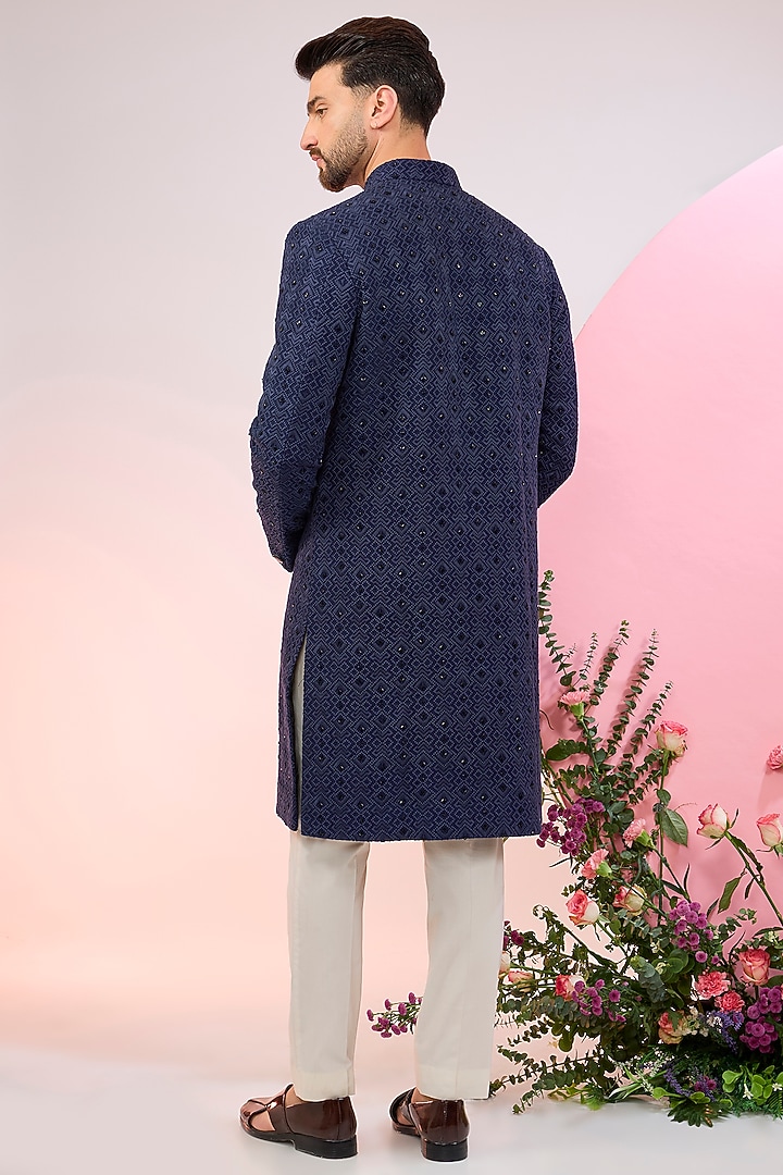 Navy Blue Silk Cutdana Embroidered Wedding Sherwani by Kasbah Clothing at Pernia's Pop Up Shop