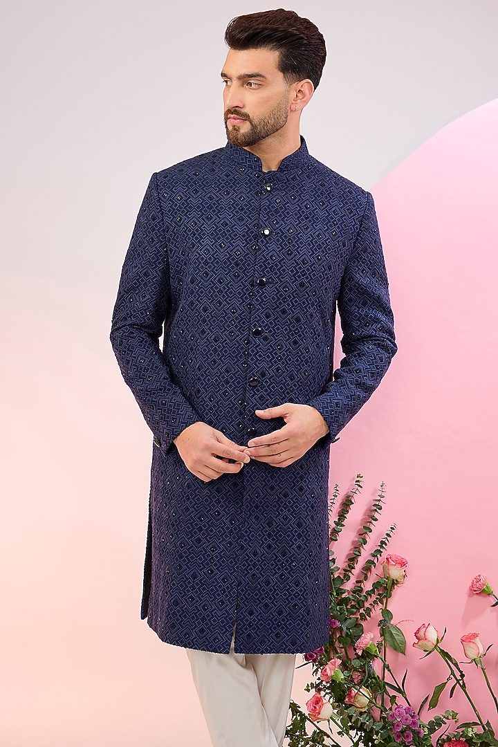 Navy Blue Silk Cutdana Embroidered Wedding Sherwani by Kasbah Clothing at Pernia's Pop Up Shop