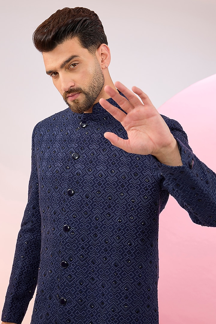 Navy Blue Silk Cutdana Embroidered Wedding Sherwani by Kasbah Clothing at Pernia's Pop Up Shop
