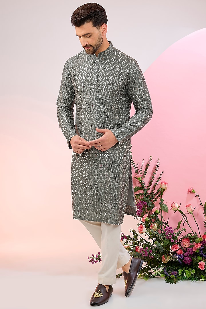 Slate Grey Silk Mirror Work Kurta by Kasbah Clothing