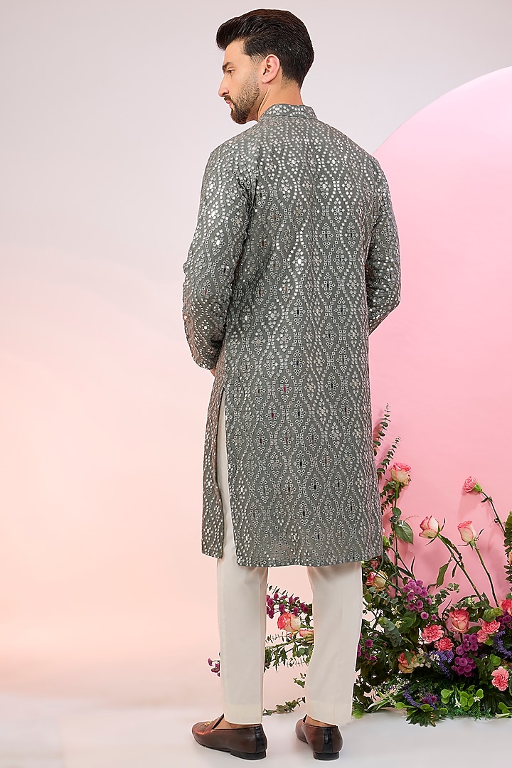 Slate Grey Silk Mirror Work Kurta by Kasbah Clothing at Pernia's Pop Up Shop