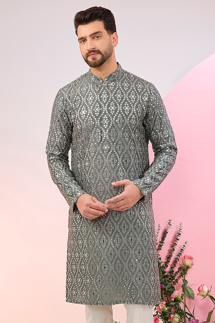 Slate Grey Silk Mirror Work Kurta by Kasbah Clothing at Pernia's Pop Up Shop