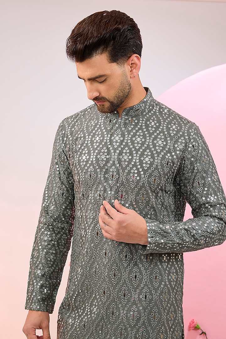 Slate Grey Silk Mirror Work Kurta by Kasbah Clothing at Pernia's Pop Up Shop
