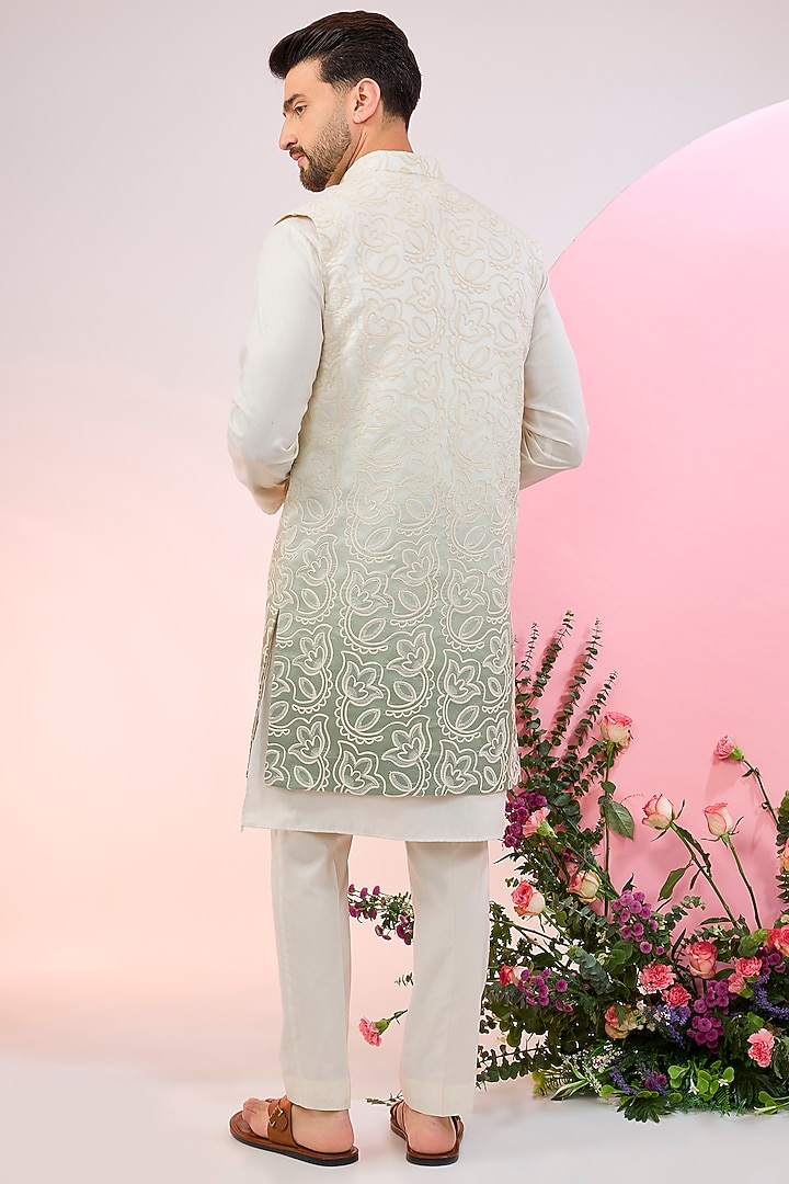 Cream & Green Ombre Silk Floral Thread Embroidered Indowestern Jacket by Kasbah Clothing at Pernia's Pop Up Shop