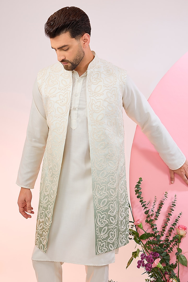 Cream & Green Ombre Silk Floral Thread Embroidered Indowestern Jacket by Kasbah Clothing at Pernia's Pop Up Shop