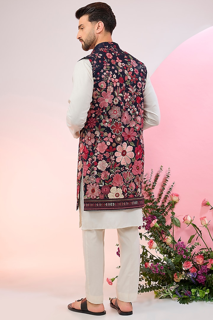 Navy Blue Georgette Floral Thread Work Indowestern Jacket by Kasbah Clothing at Pernia's Pop Up Shop