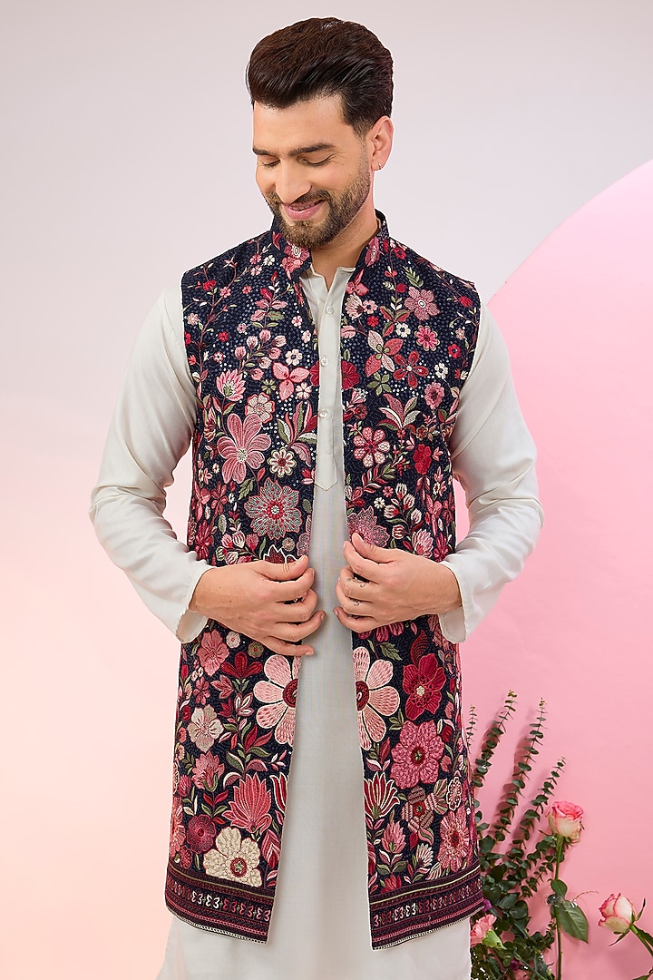 Navy Blue Georgette Floral Thread Work Indowestern Jacket by Kasbah Clothing at Pernia's Pop Up Shop