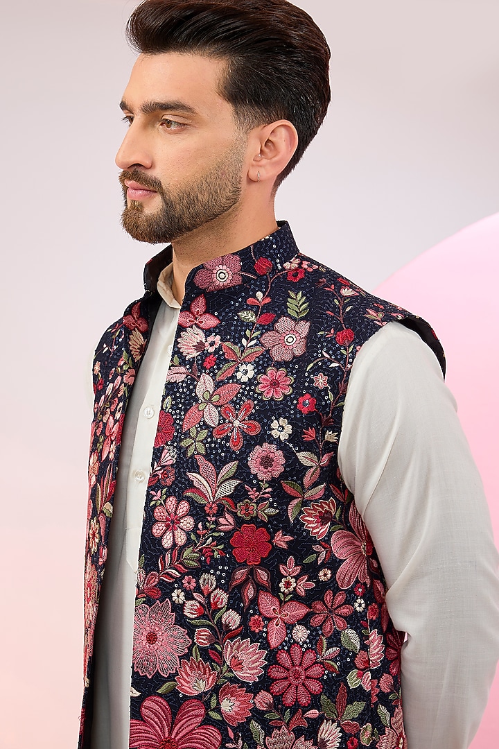 Navy Blue Georgette Floral Thread Work Indowestern Jacket by Kasbah Clothing at Pernia's Pop Up Shop