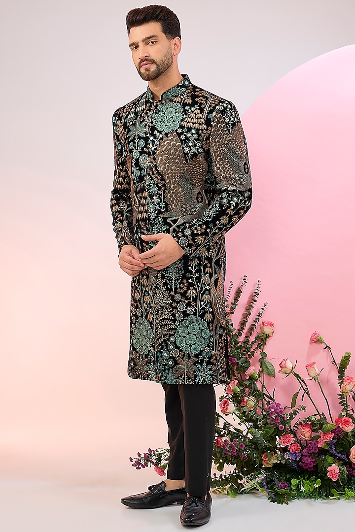 Black Velvet Flora & Fauna Embroidered Sherwani by Kasbah Clothing