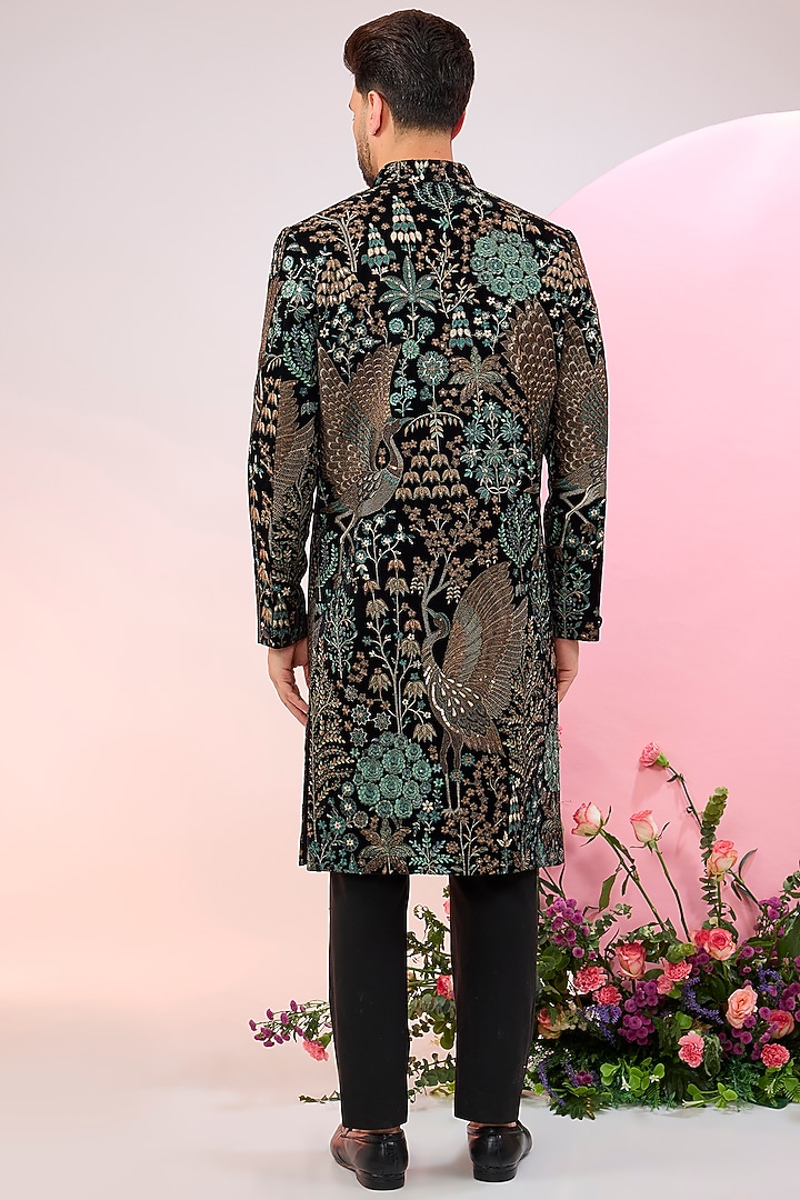 Black Velvet Flora & Fauna Embroidered Wedding Sherwani by Kasbah Clothing at Pernia's Pop Up Shop