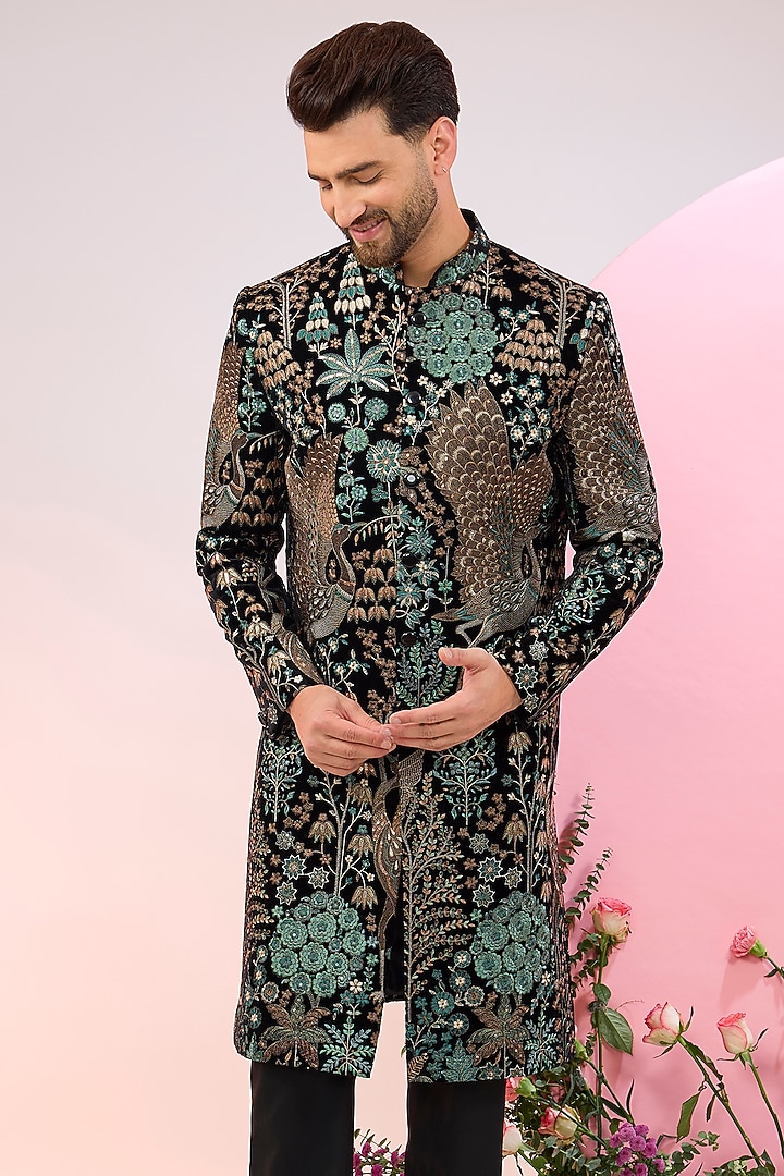 Black Velvet Flora & Fauna Embroidered Wedding Sherwani by Kasbah Clothing at Pernia's Pop Up Shop