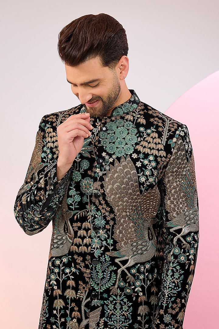 Black Velvet Flora & Fauna Embroidered Wedding Sherwani by Kasbah Clothing at Pernia's Pop Up Shop