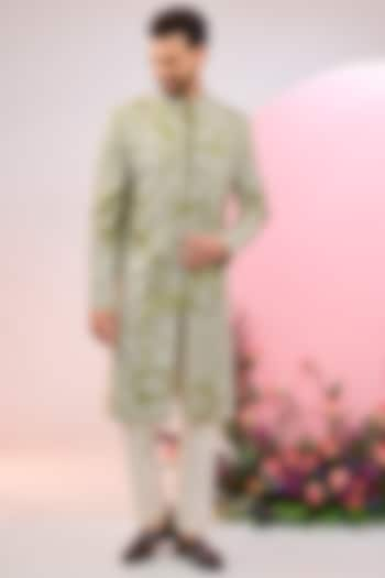 Lime Green Silk Thread & Floral Embroidered Sherwani by Kasbah Clothing