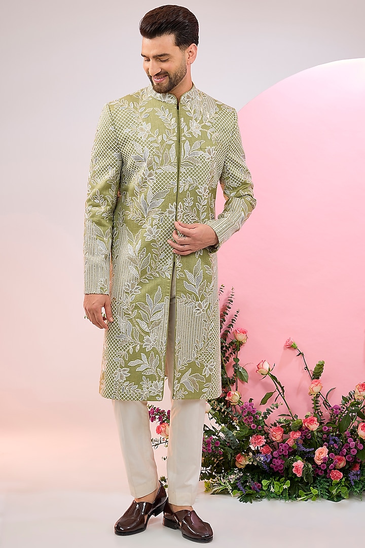 Lime Green Silk Thread & Floral Embroidered Sherwani by Kasbah Clothing