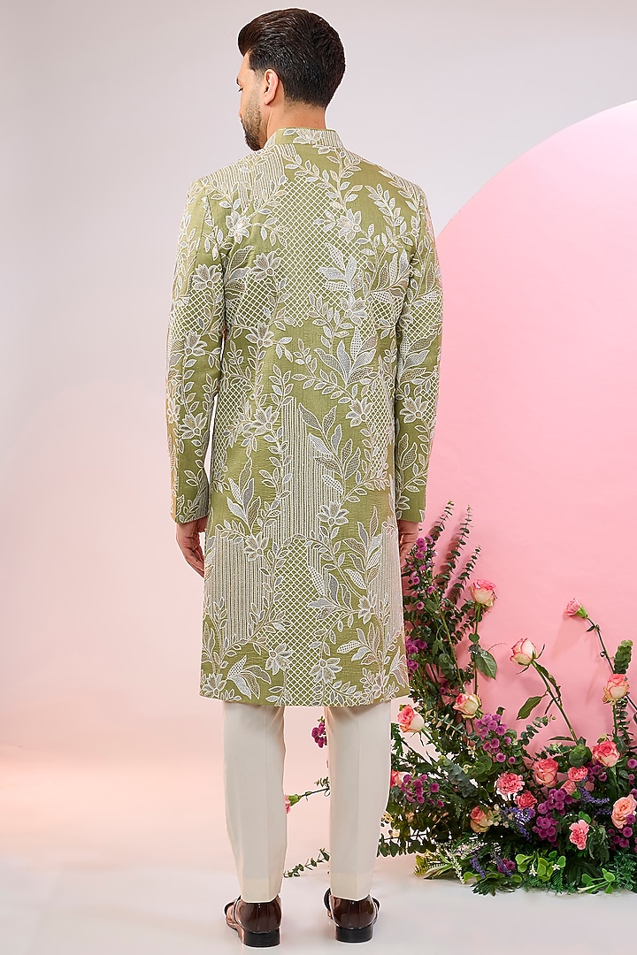 Lime Green Silk Thread & Floral Embroidered Wedding Sherwani by Kasbah Clothing at Pernia's Pop Up Shop