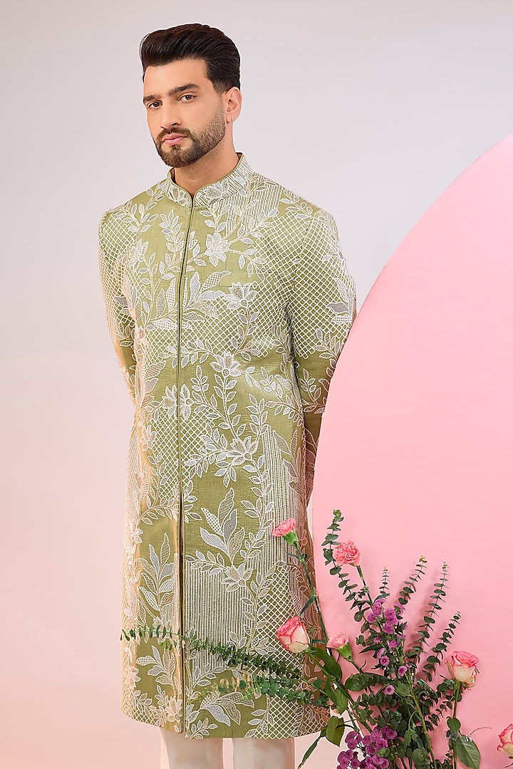 Lime Green Silk Thread & Floral Embroidered Wedding Sherwani by Kasbah Clothing at Pernia's Pop Up Shop