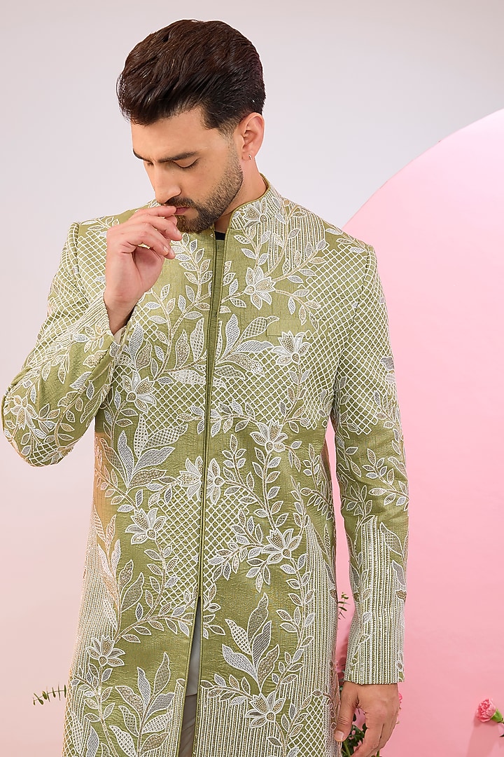 Lime Green Silk Thread & Floral Embroidered Wedding Sherwani by Kasbah Clothing at Pernia's Pop Up Shop