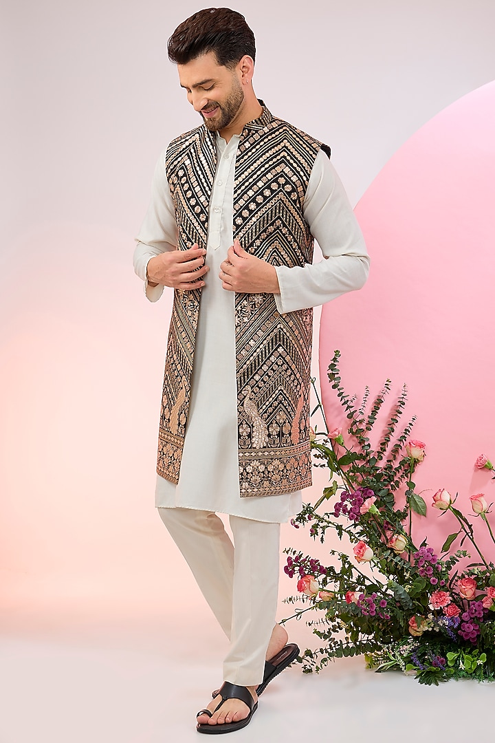 Black Georgette Patchwork Indowestern Jacket by Kasbah Clothing at Pernia's Pop Up Shop