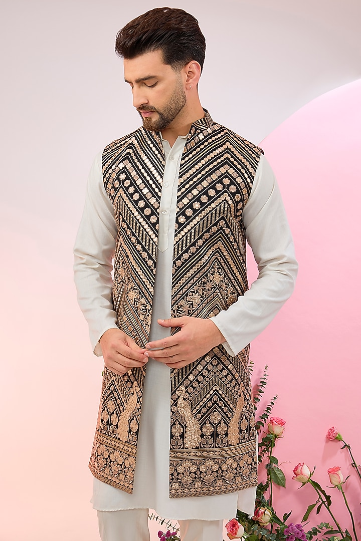 Black Georgette Patchwork Indowestern Jacket by Kasbah Clothing at Pernia's Pop Up Shop