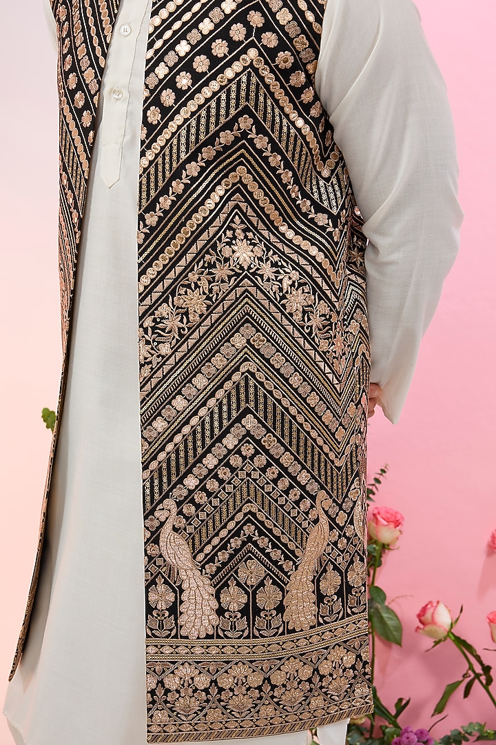 Black Georgette Patchwork Indowestern Jacket by Kasbah Clothing at Pernia's Pop Up Shop