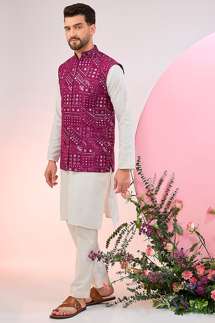Magenta Purple Silk Mirror Work Nehru Jacket by Kasbah Clothing at Pernia's Pop Up Shop