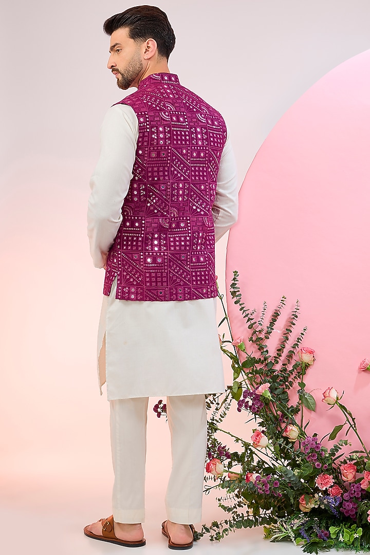 Magenta Purple Silk Mirror Work Nehru Jacket by Kasbah Clothing at Pernia's Pop Up Shop