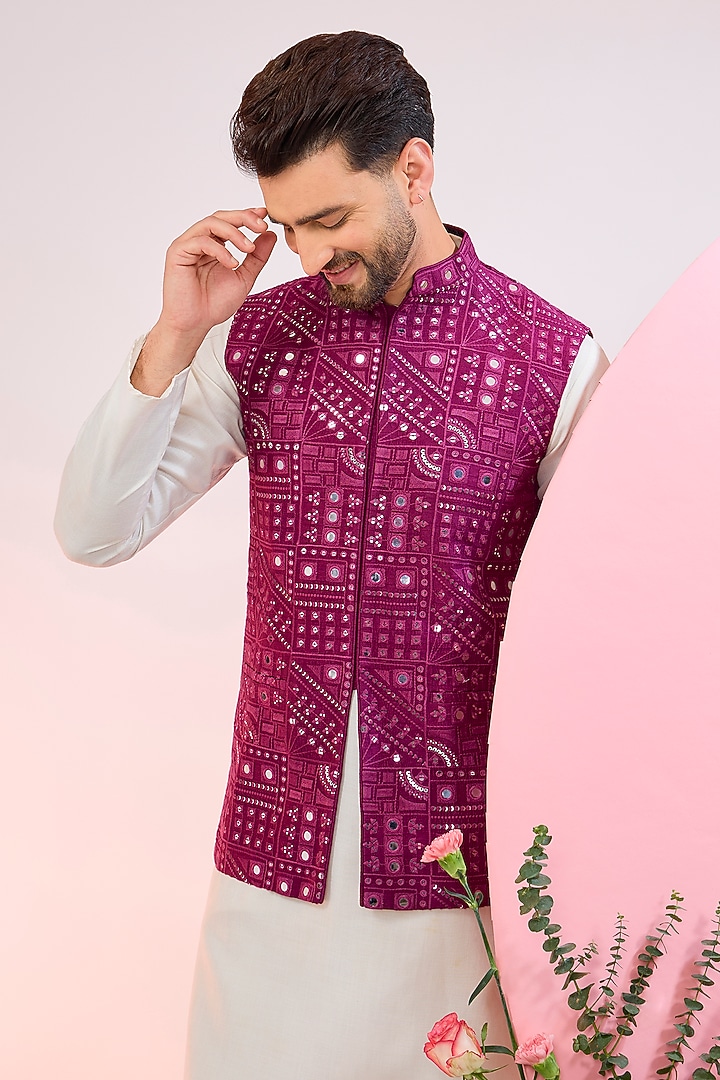 Magenta Purple Silk Mirror Work Nehru Jacket by Kasbah Clothing at Pernia's Pop Up Shop