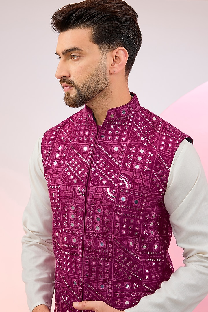 Magenta Purple Silk Mirror Work Nehru Jacket by Kasbah Clothing at Pernia's Pop Up Shop