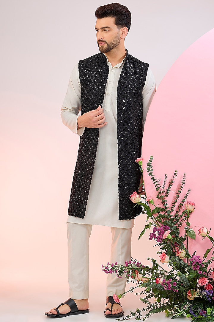 Black Silk Cutdana Embroidered Wedding Indowestern Jacket by Kasbah Clothing at Pernia's Pop Up Shop