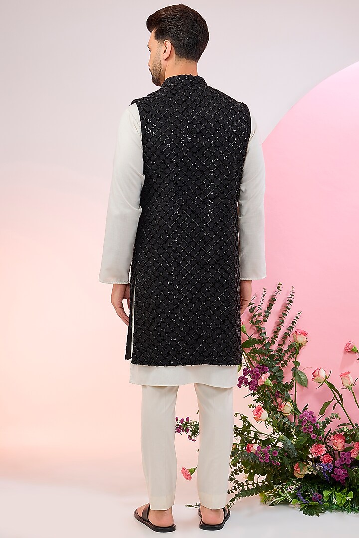 Black Silk Cutdana Embroidered Wedding Indowestern Jacket by Kasbah Clothing at Pernia's Pop Up Shop