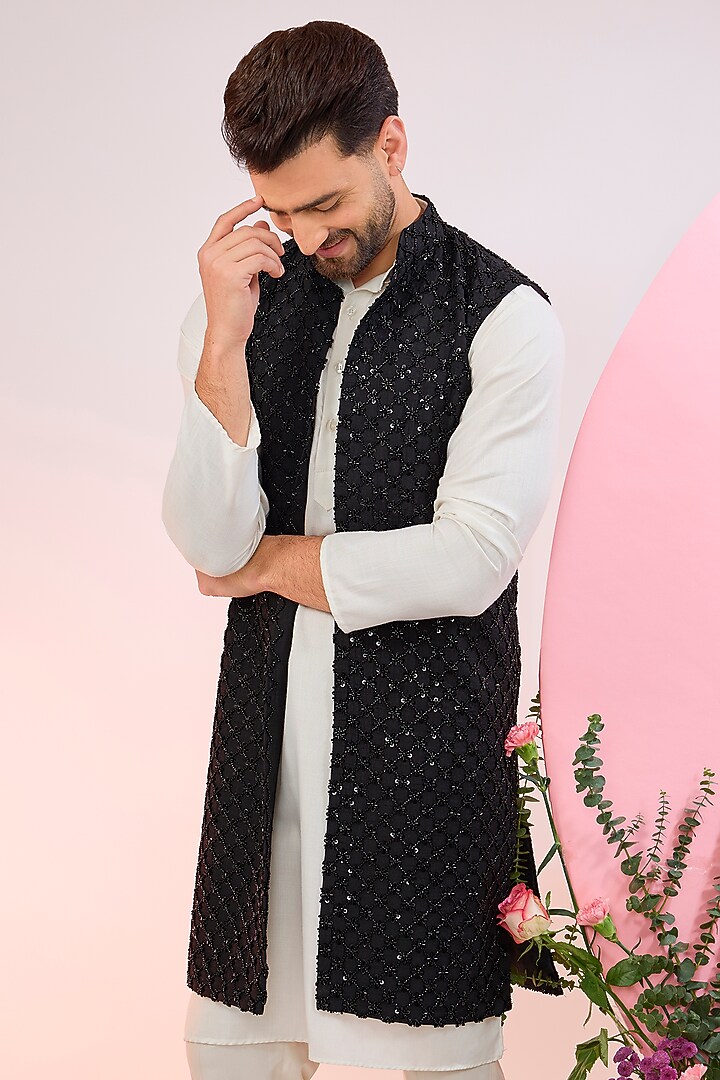 Black Silk Cutdana Embroidered Wedding Indowestern Jacket by Kasbah Clothing at Pernia's Pop Up Shop
