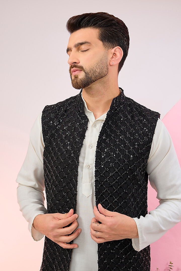 Black Silk Cutdana Embroidered Wedding Indowestern Jacket by Kasbah Clothing at Pernia's Pop Up Shop