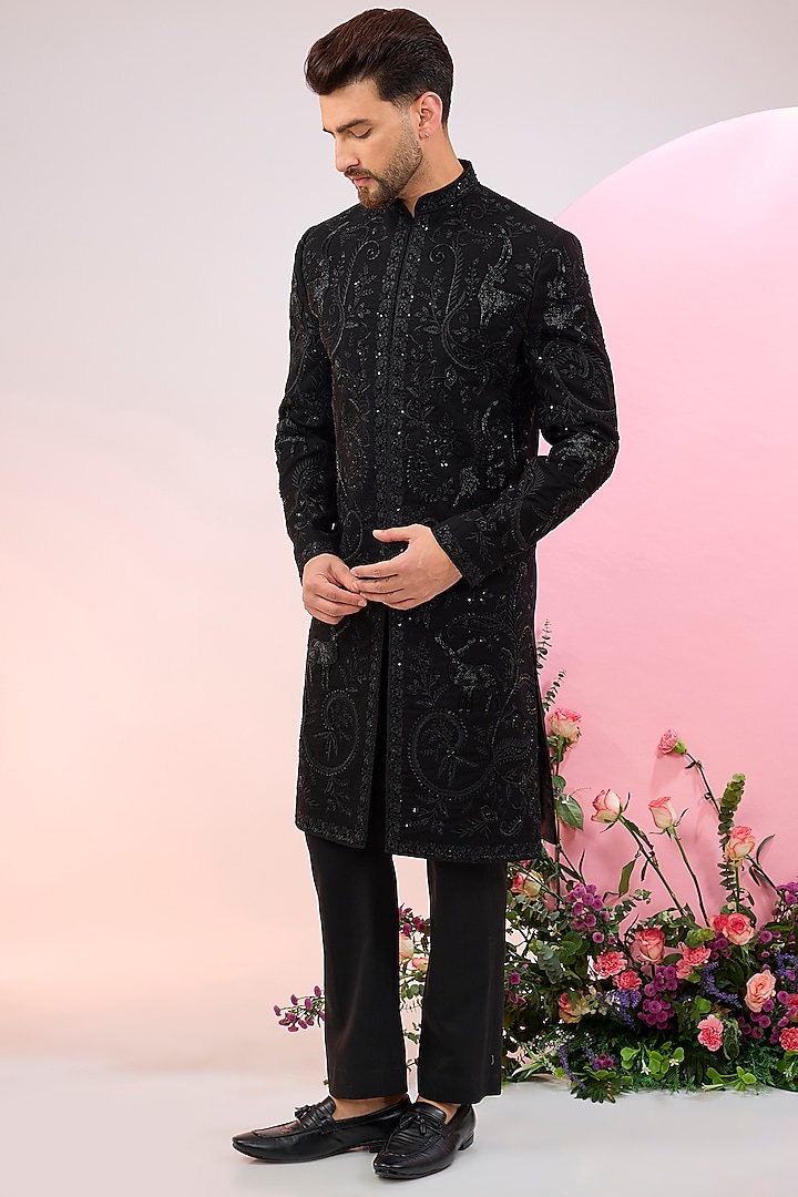 Black Japanese Terry Rayon Cutdana Hand Embroidered Sherwani Set by Kasbah Clothing