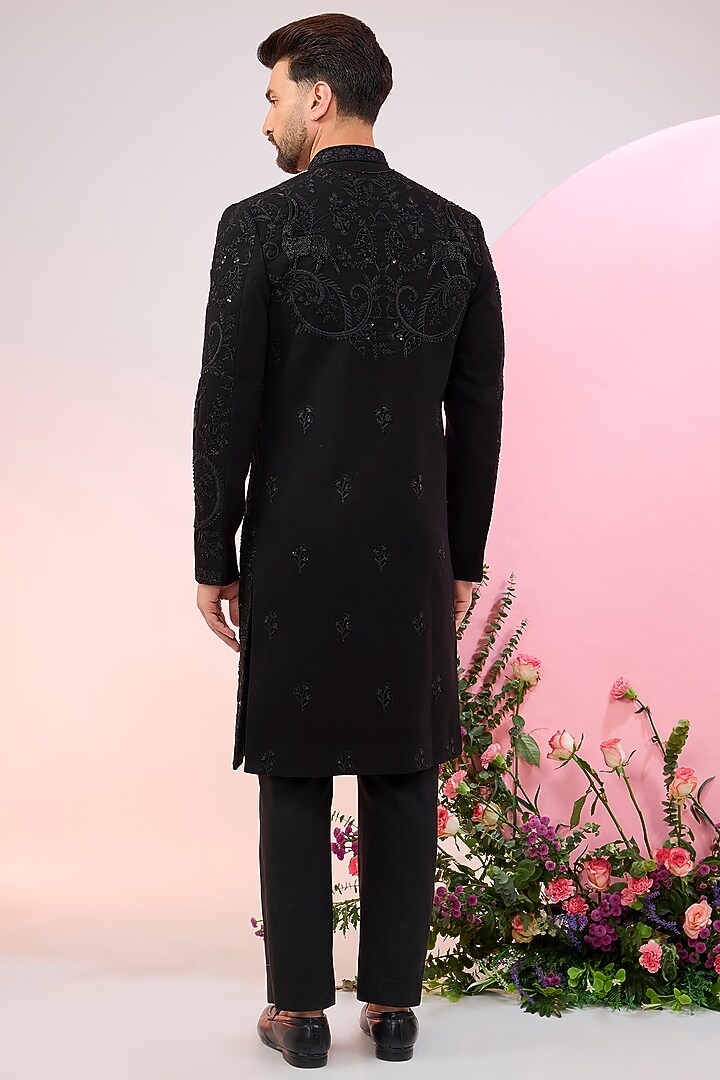 Black Japanese Terry Rayon Cutdana Hand Embroidered Wedding Sherwani Set by Kasbah Clothing at Pernia's Pop Up Shop