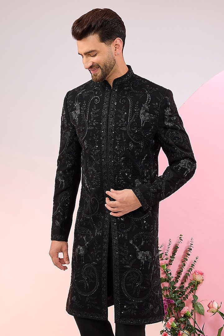 Black Japanese Terry Rayon Cutdana Hand Embroidered Wedding Sherwani Set by Kasbah Clothing at Pernia's Pop Up Shop