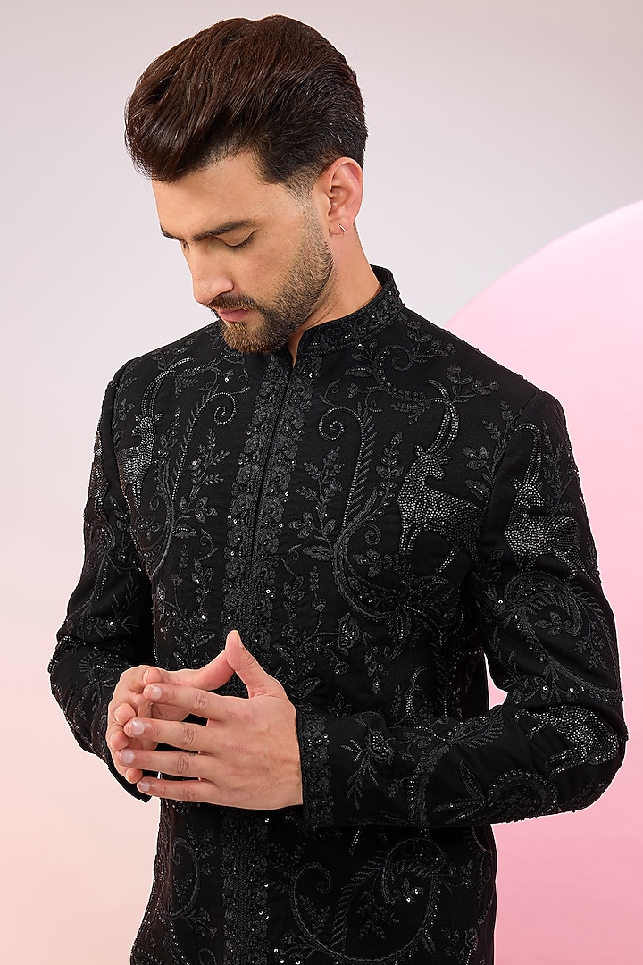 Black Japanese Terry Rayon Cutdana Hand Embroidered Wedding Sherwani Set by Kasbah Clothing at Pernia's Pop Up Shop